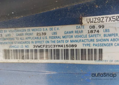 2000 Volkswagen New Beetle Gls Tdi из США, поврежденный, VIN 3VWCF21C3YM415089